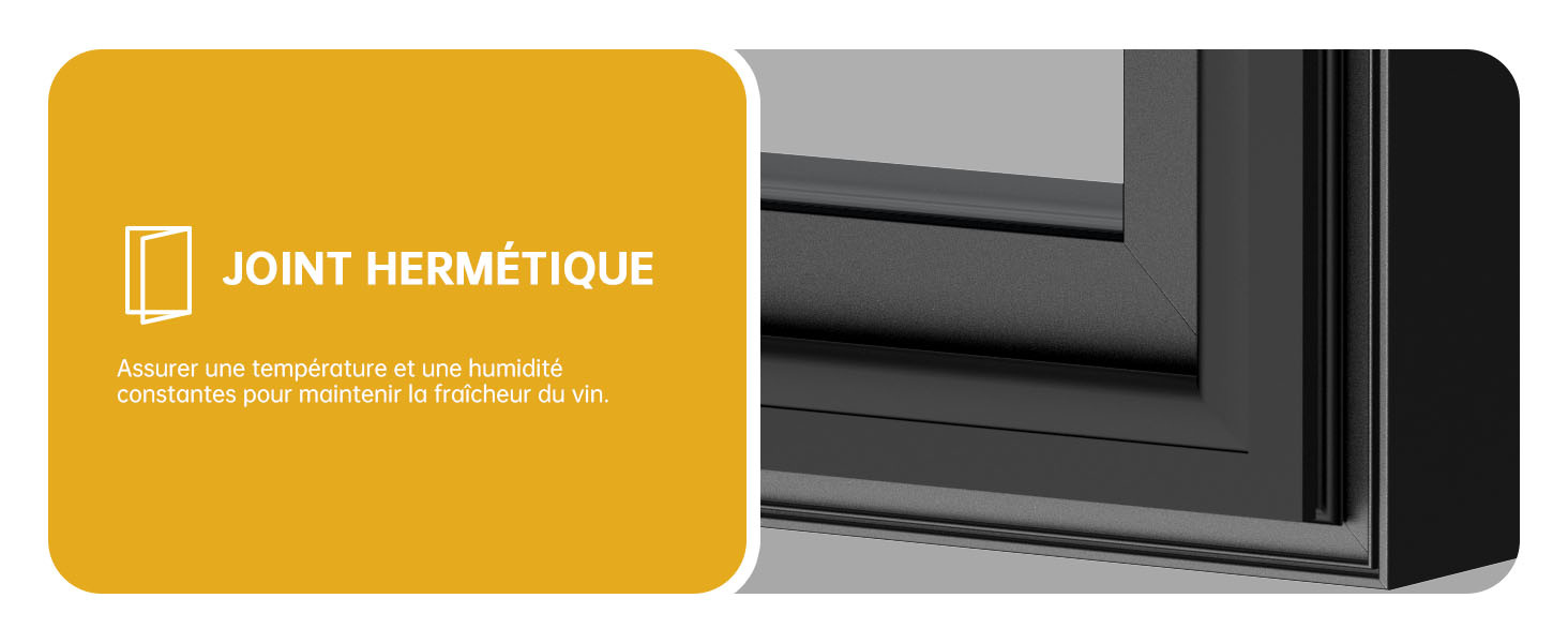 Gros plan d'un détail de cadre de fenêtre montrant un joint hermétique, avec panneau d'information jaune en français