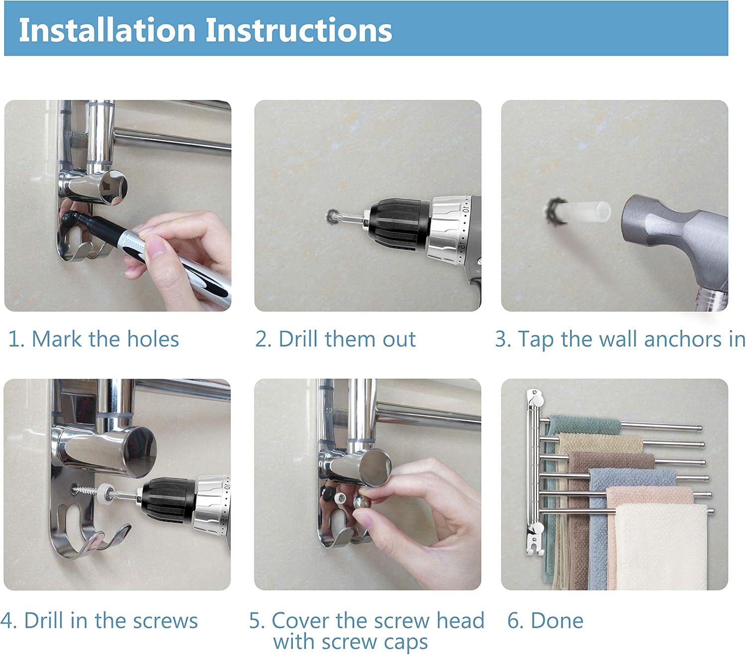 JSVER - porte-serviettes rotatif 6 barres inox 180° -  SUS304, mural