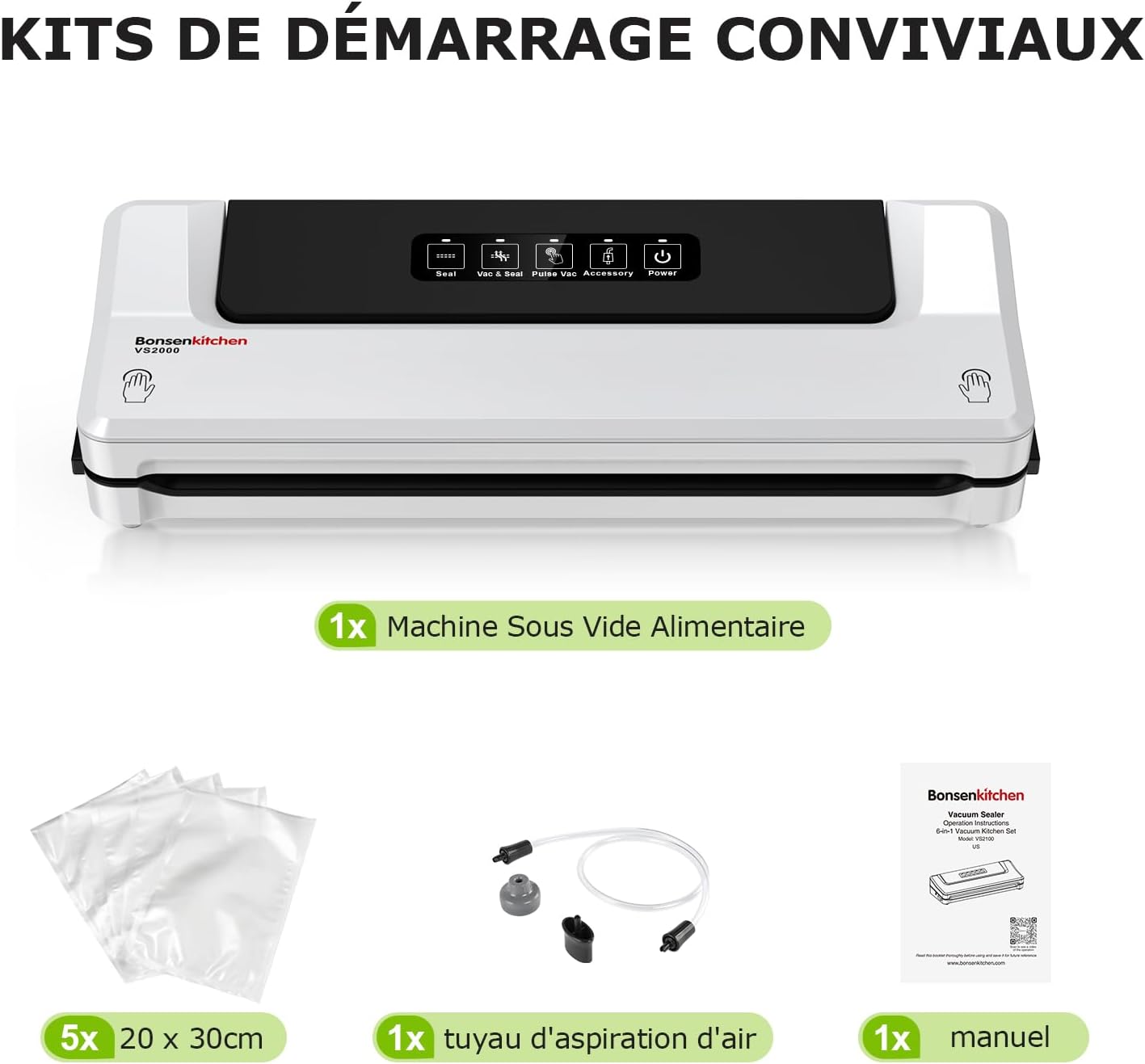Bonsenkitchen - machine sous vide alimentaire compacte, 5 sacs inclus