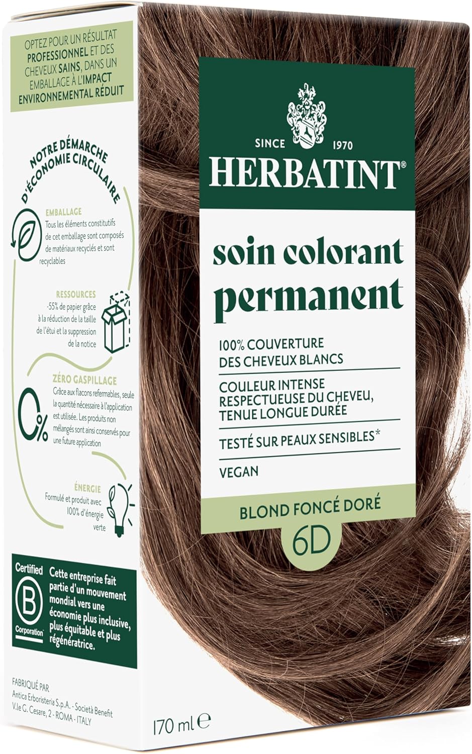 Herbatint - Soin Colorant 6D - 170ml - sans ammoniaque, couvre 100% cheveux blancs