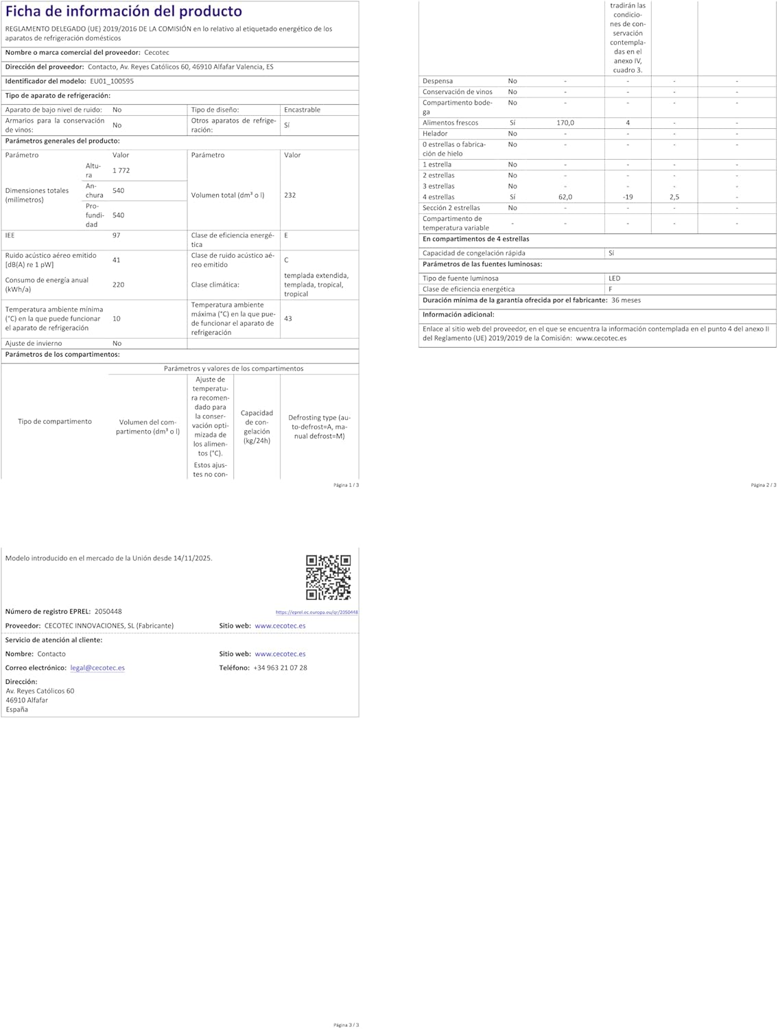 Cecotec - Bolero CoolMarket Combi Série - 177x54 cm - No Frost, 232L, Fast Freezing, Mode Vacances, BI-S MC 232 E