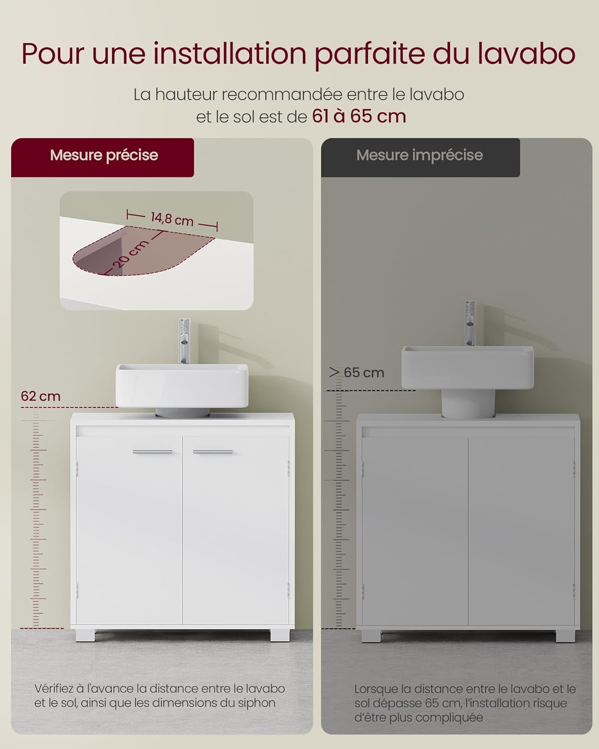 VASAGLE - meuble sous lavabo série BBK506W01 - 30x60x60 cm - 2 compartiments, pieds, blanc