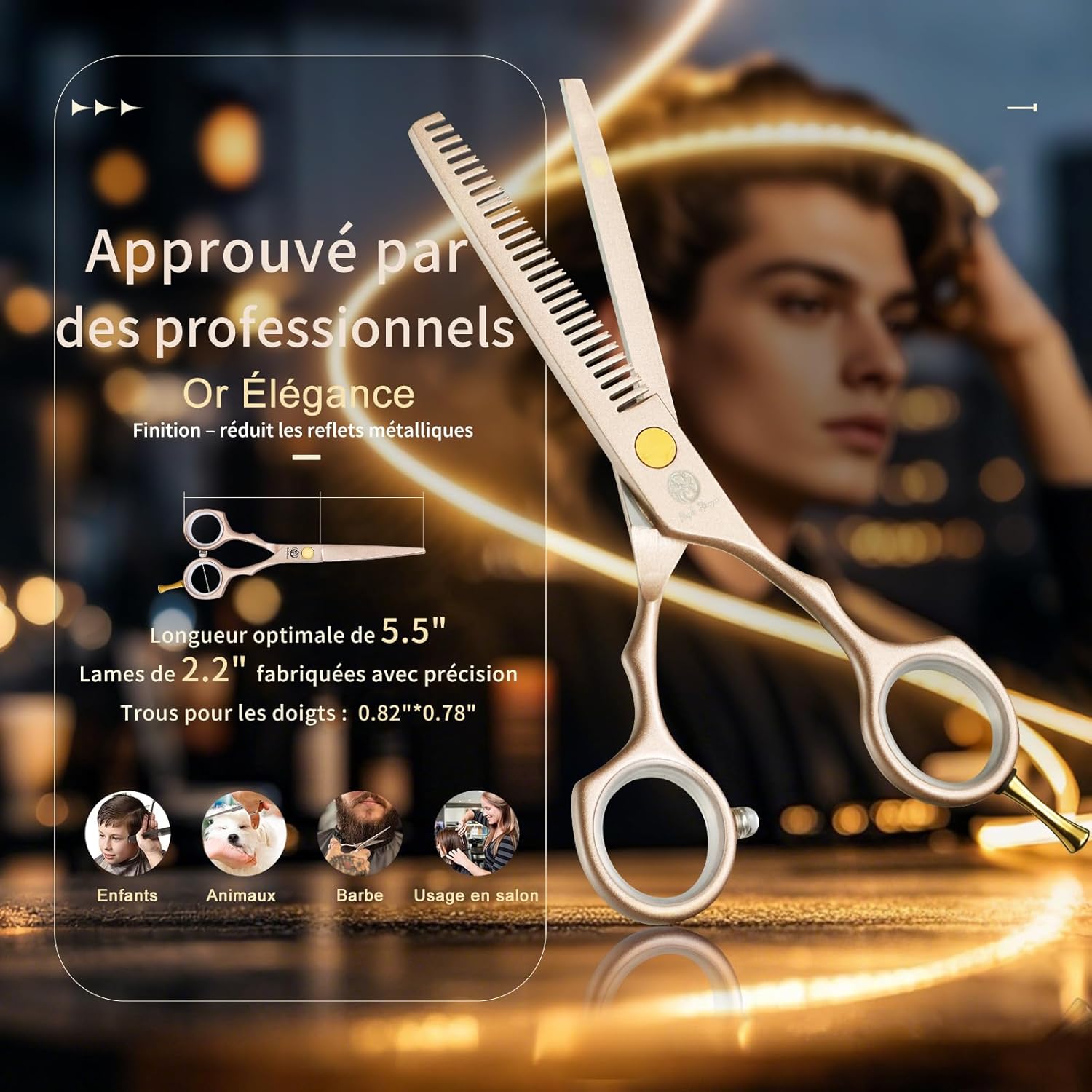 Kit de Ciseaux de Coiffure - 5,5 pouces - inox, peigne acier, or rose, pour cheveux, frange, barbe