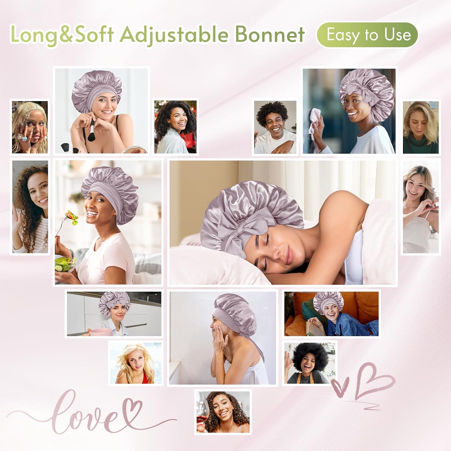 BONNET QUEEN - bonnet satin nuit femmes hommes moyen - ajustable, élastique, cheveux bouclés, or rose gris