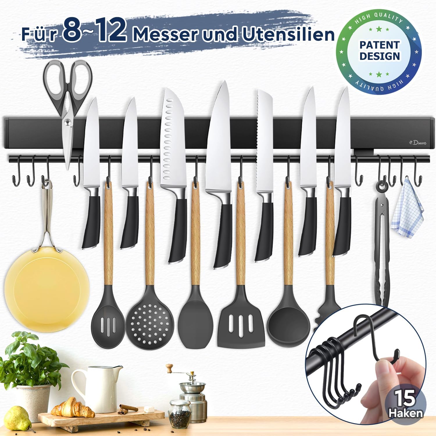 Dmore - barre magnétique 59 cm, 15 crochets, forte fixation, noir