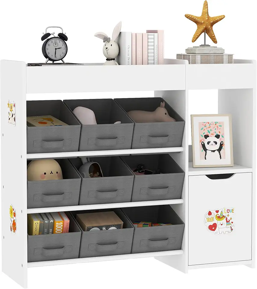 AIYAPLAY - étagère enfant 9 tiroirs tissu et placard, rangement jouets, blanc