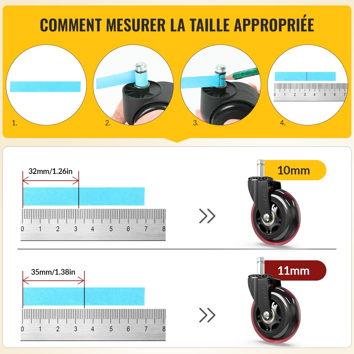 HOLKIE - roulettes de chaise Série Rechange - 11x22mm - caoutchouc robustes pour sols durs et tapis, lot de 5