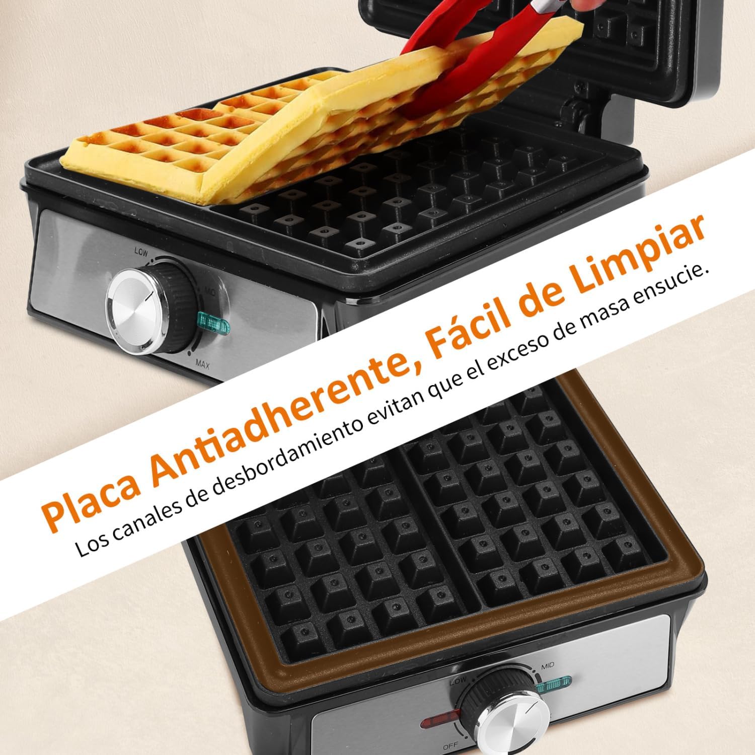 Aigostar - Gaufrier inox 1600W, 20,2x17,2x2 cm, plaques antiadhésives, température réglable