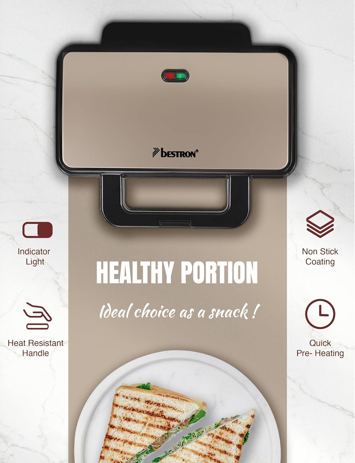 Bestron - appareil croque monsieur XL - 2 sandwichs coquille - réglage automatique de température, beige