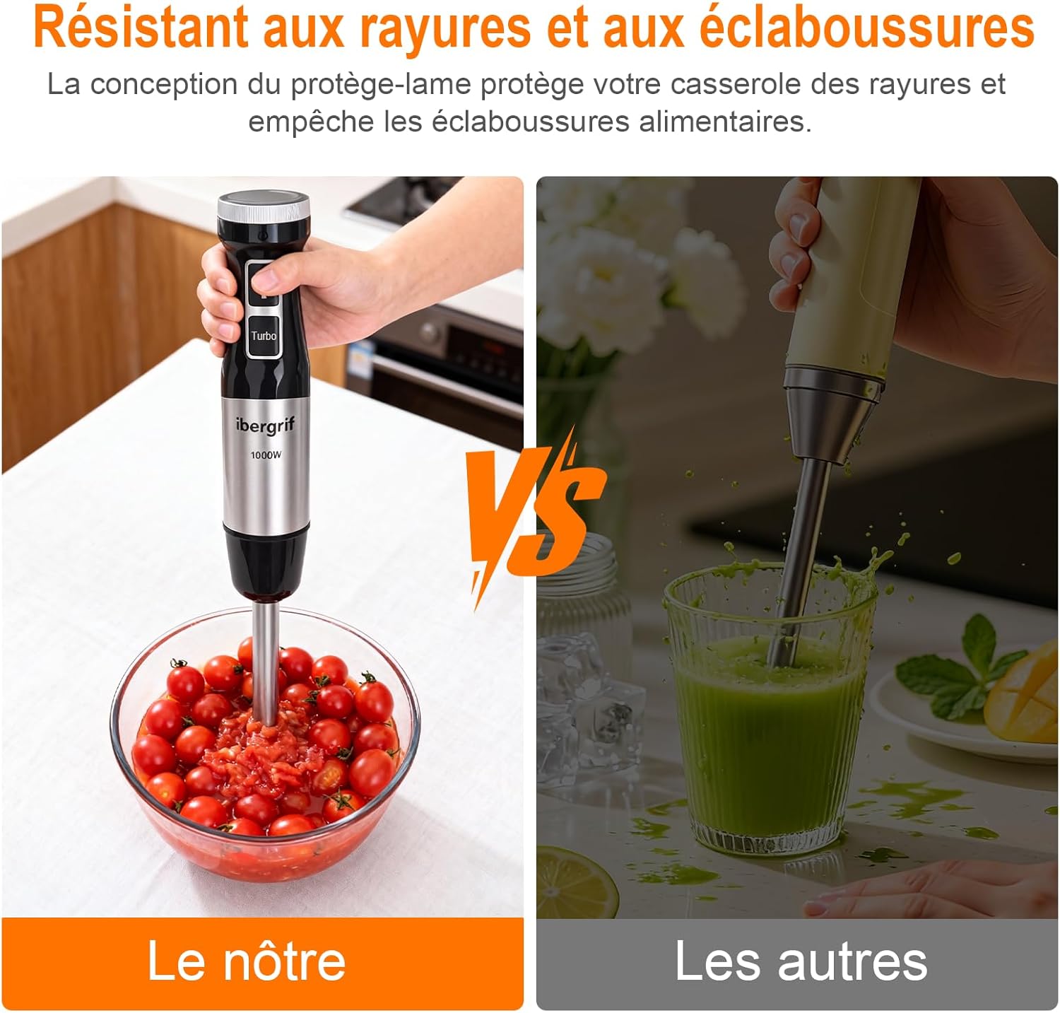 Ibergrif - Mixeur Plongeant 1000W - inox - vitesse réglable, turbo