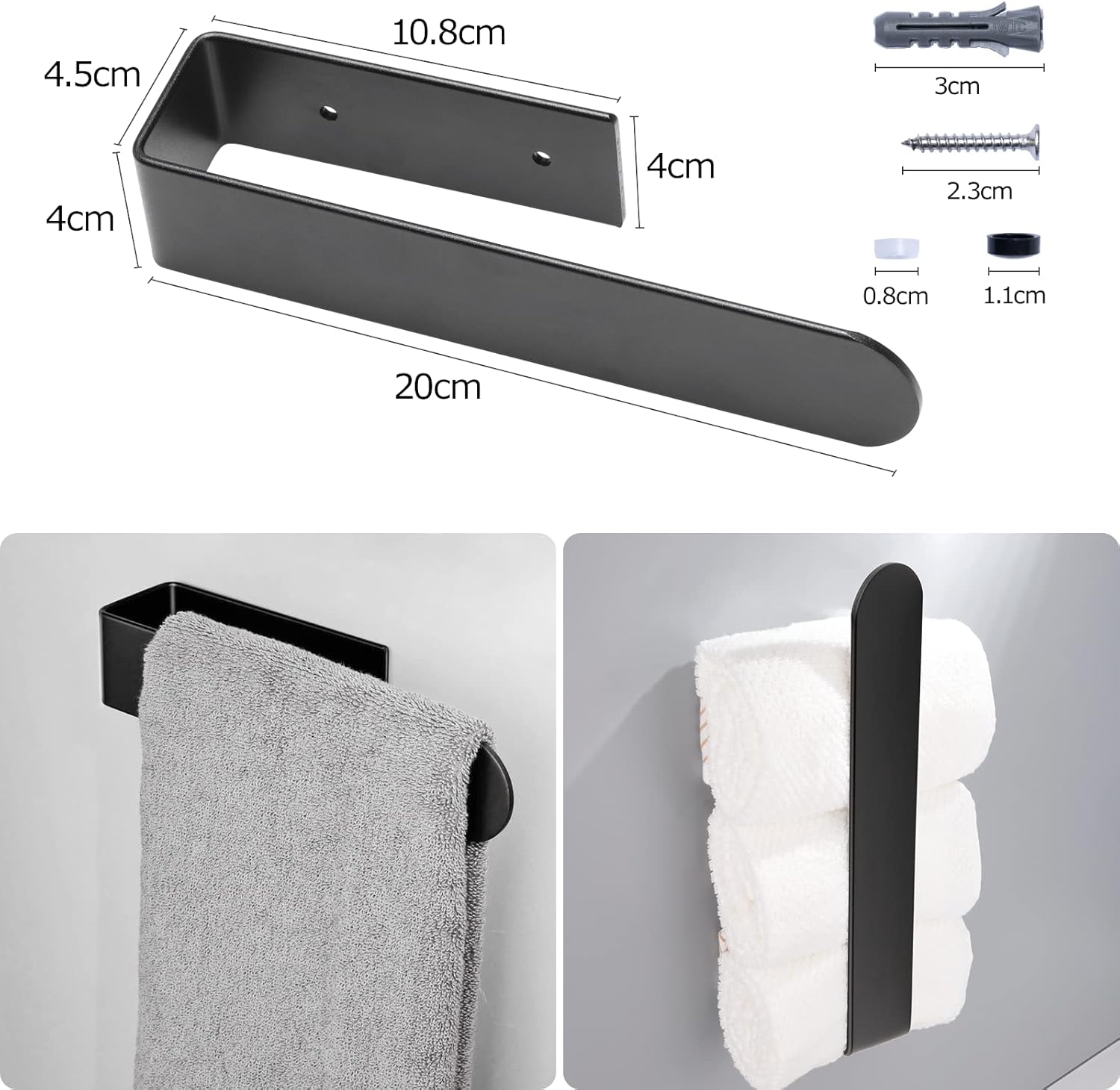 BillyBath - Porte-serviette mural noir 20cm - adhésif/perçage, salle de bain