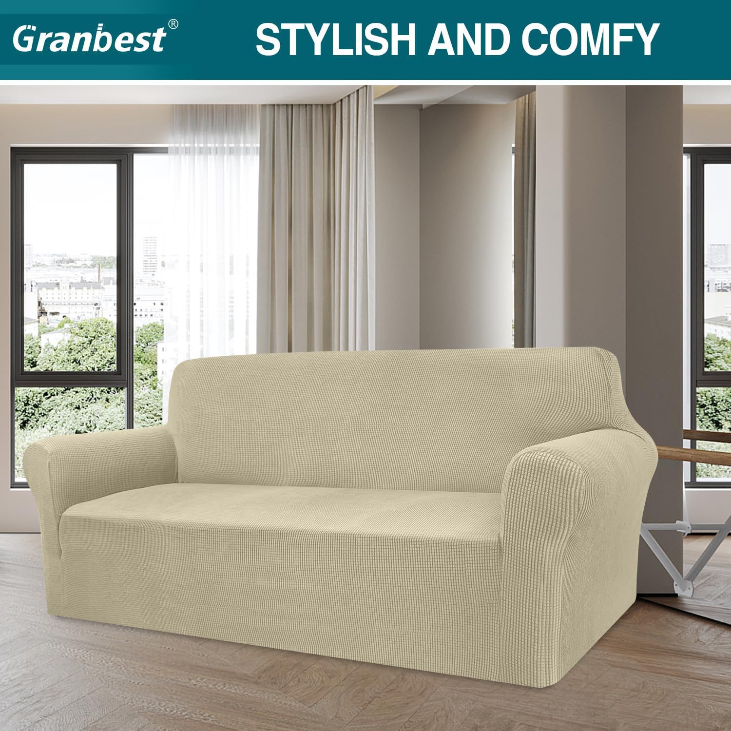 Granbest - housse canapé jacquard extensible 3 places - beige - protection animaux