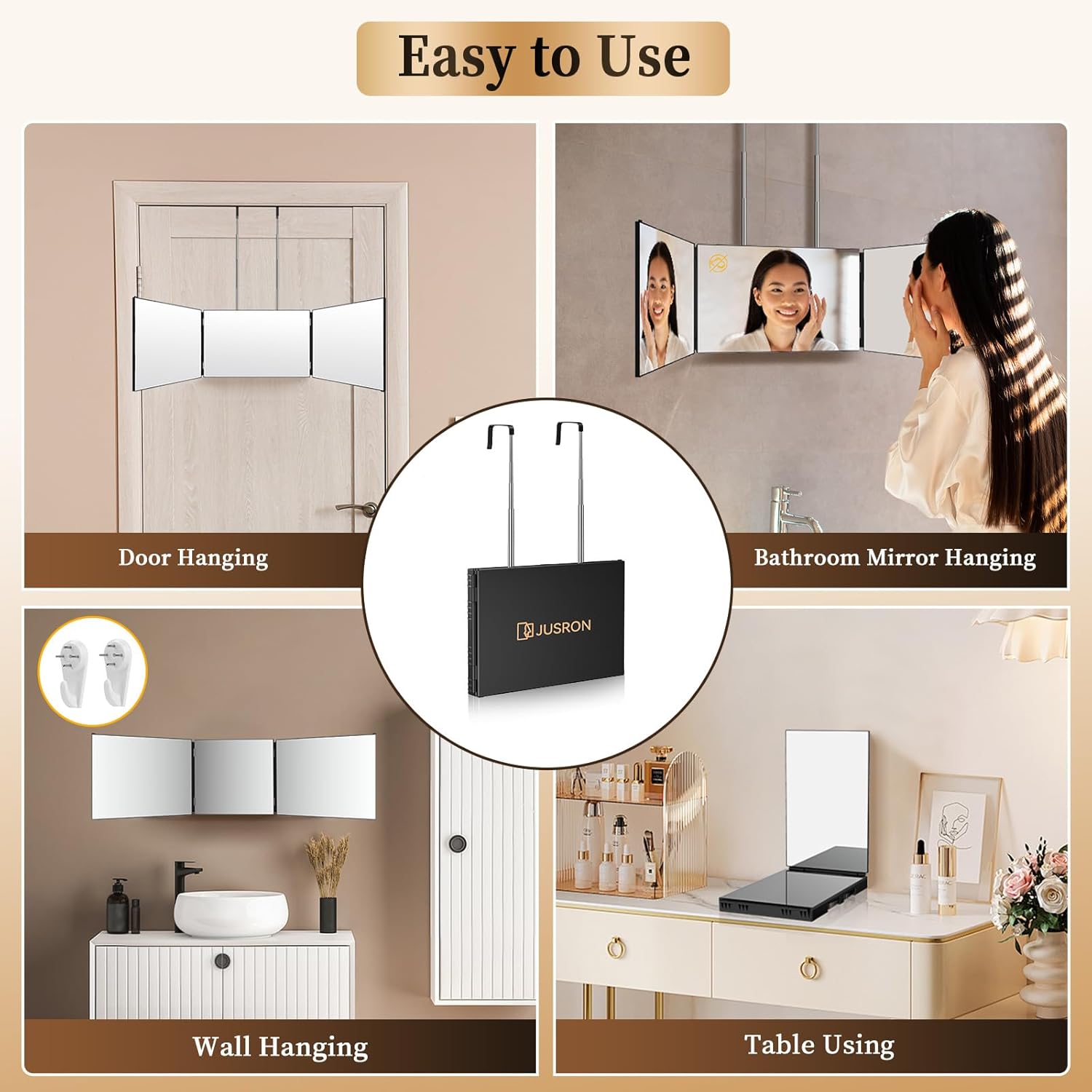 JUSRON - miroir 3 faces portable, pliable, hauteur réglable, sans LED