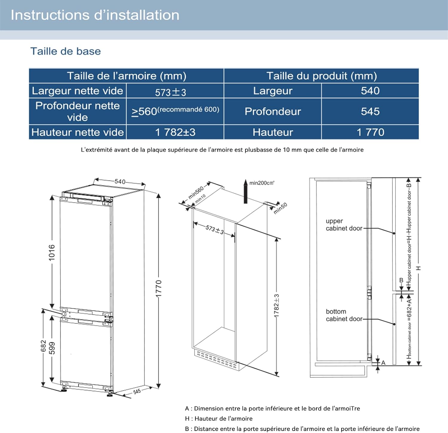 Magictec - réfrigérateur encastrable 178 cm - 236L, no frost, 2 portes, classe D