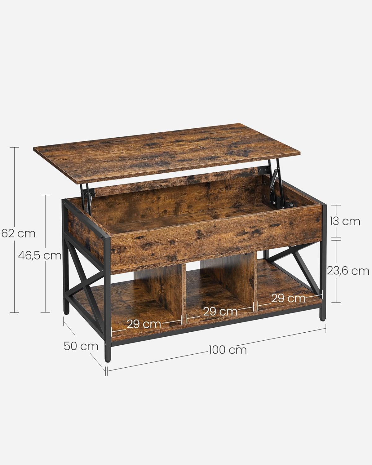 VASAGLE - Table basse série LCT202B01 - 50x100x(46,5-62)cm - plateau relevable, rangement caché, acier