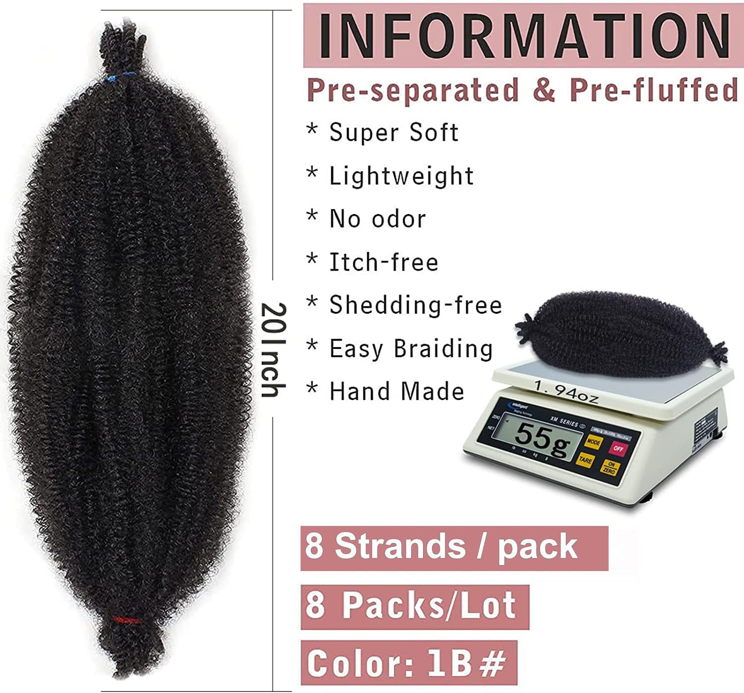 Xtrend - cheveux afro torsadés - 50,8 cm - 8 paquets synthétiques, 1B#