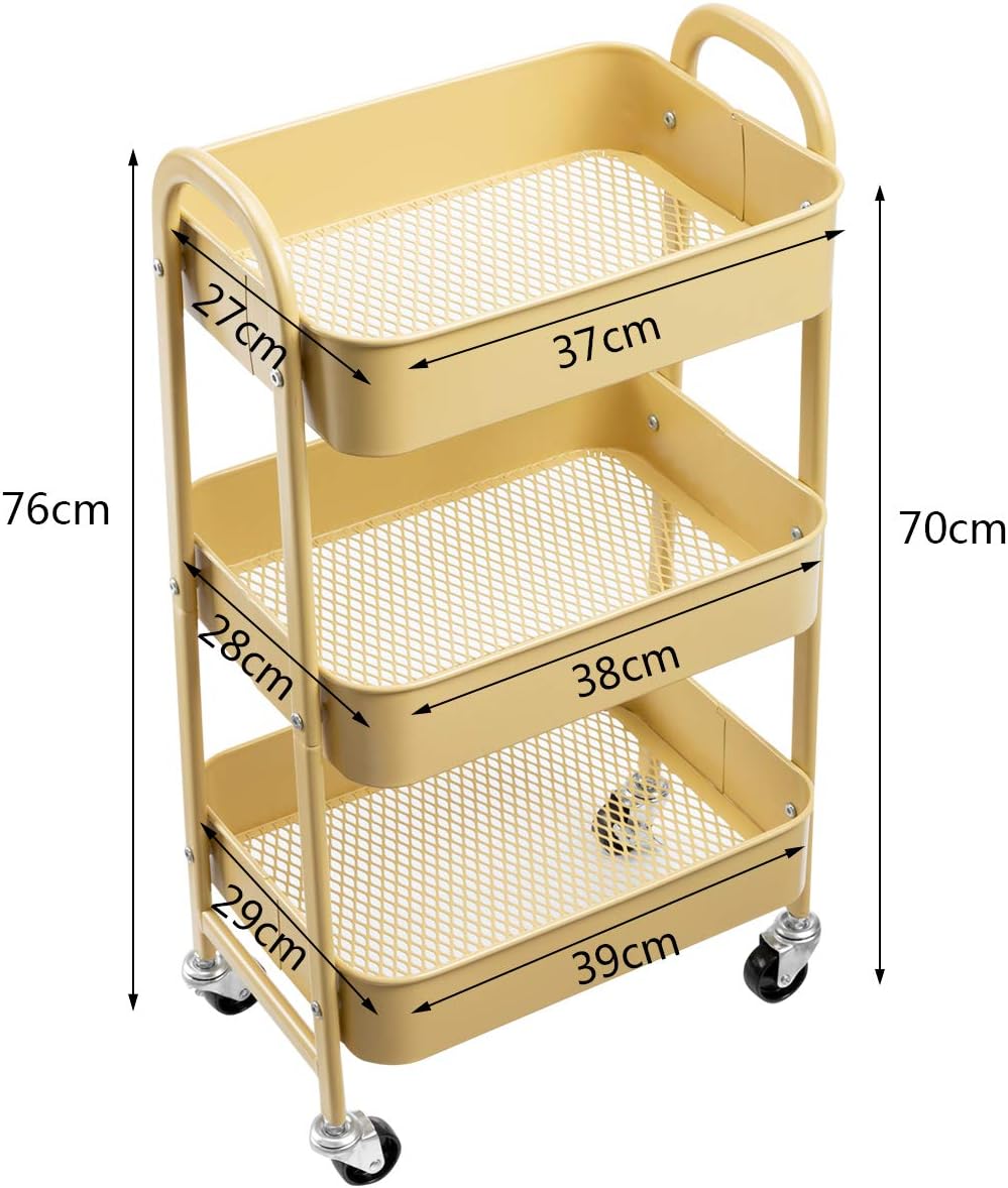 DOEWORKS - Chariot à roulettes 3 niveaux, métal, rangement cuisine, beige, compact