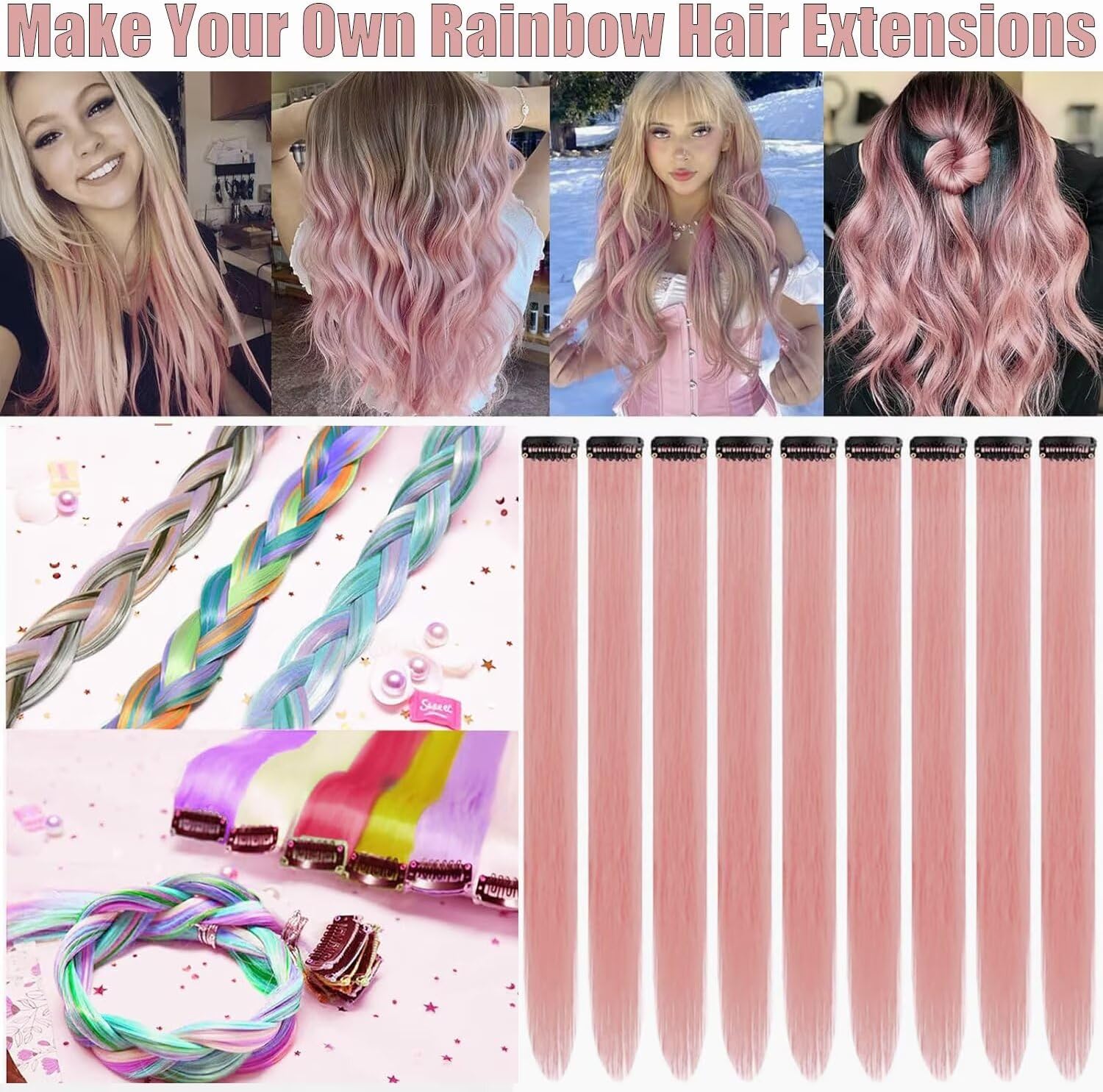 Extensions cheveux princesse - 55cm roses - lot de 12 mèches tressables