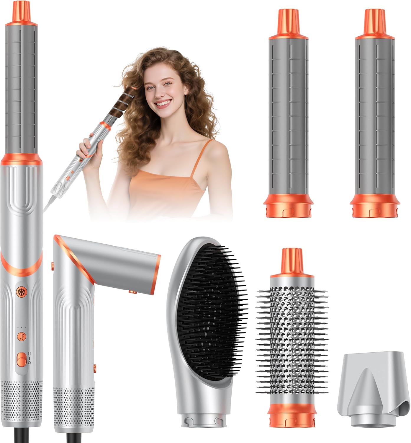 Air Brush 5 en 1 - Brosse coiffante pliante, 110000 tr/min, séchage, lissage, bouclage, argent