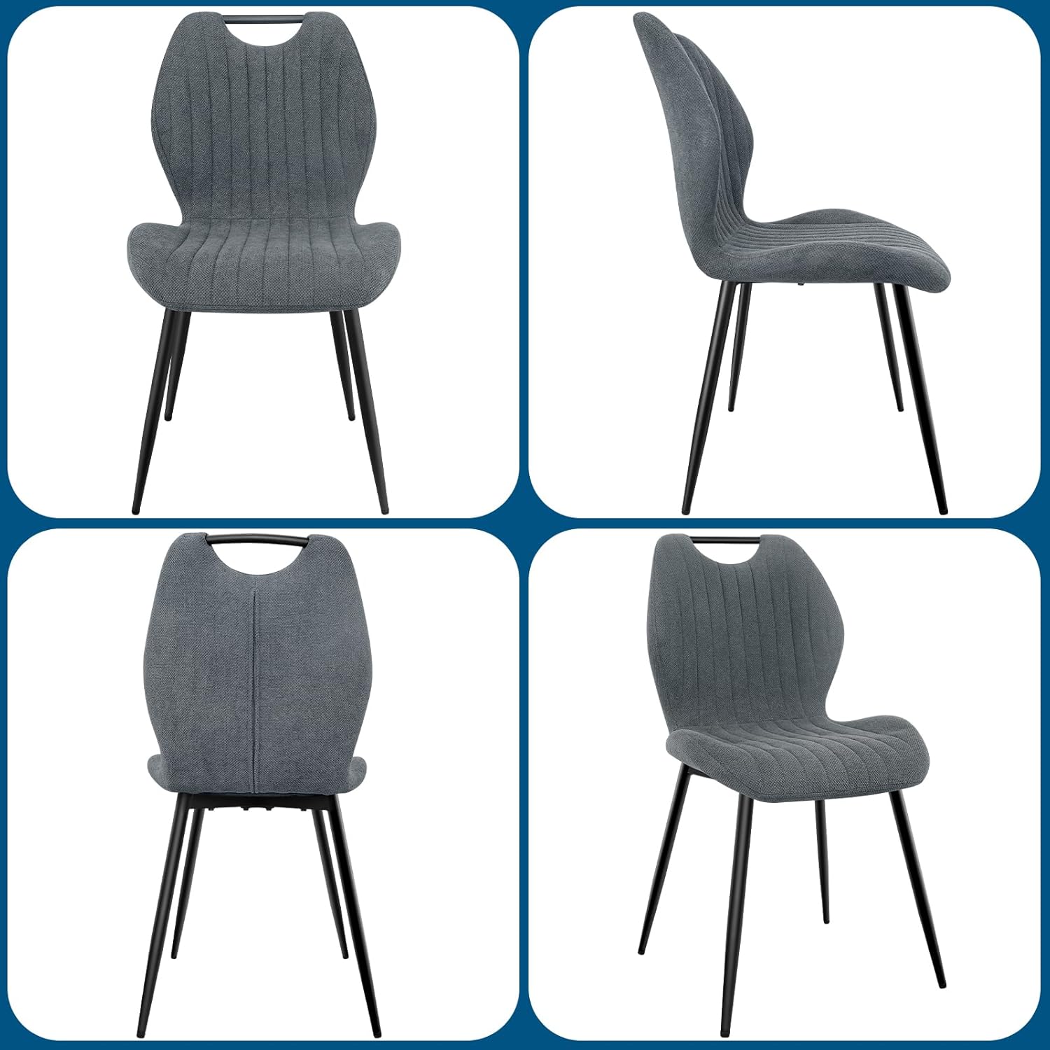 Chaises de salle à manger - ensemble 6 pcs - tissu gris, pieds métal, dossier confortable