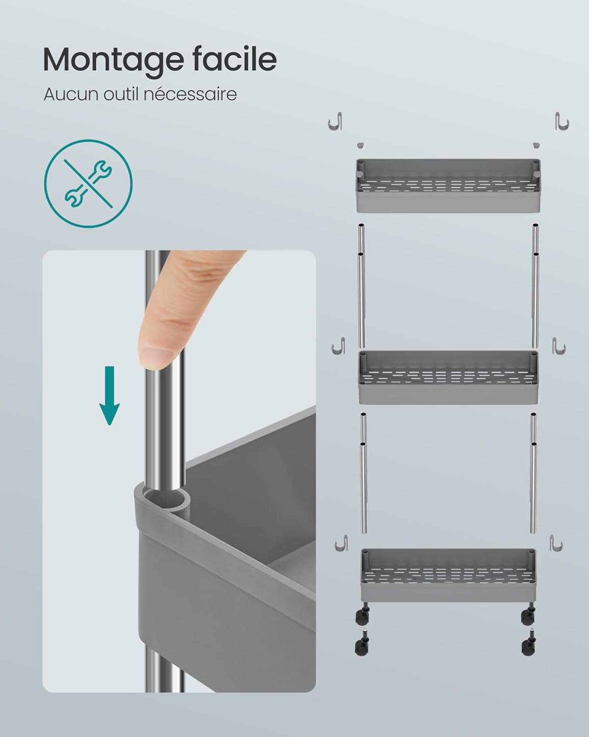 SONGMICS - Chariot cuisine 3 niveaux, acier, 23,6x42x60,6cm, 6 crochets, KSC009G01