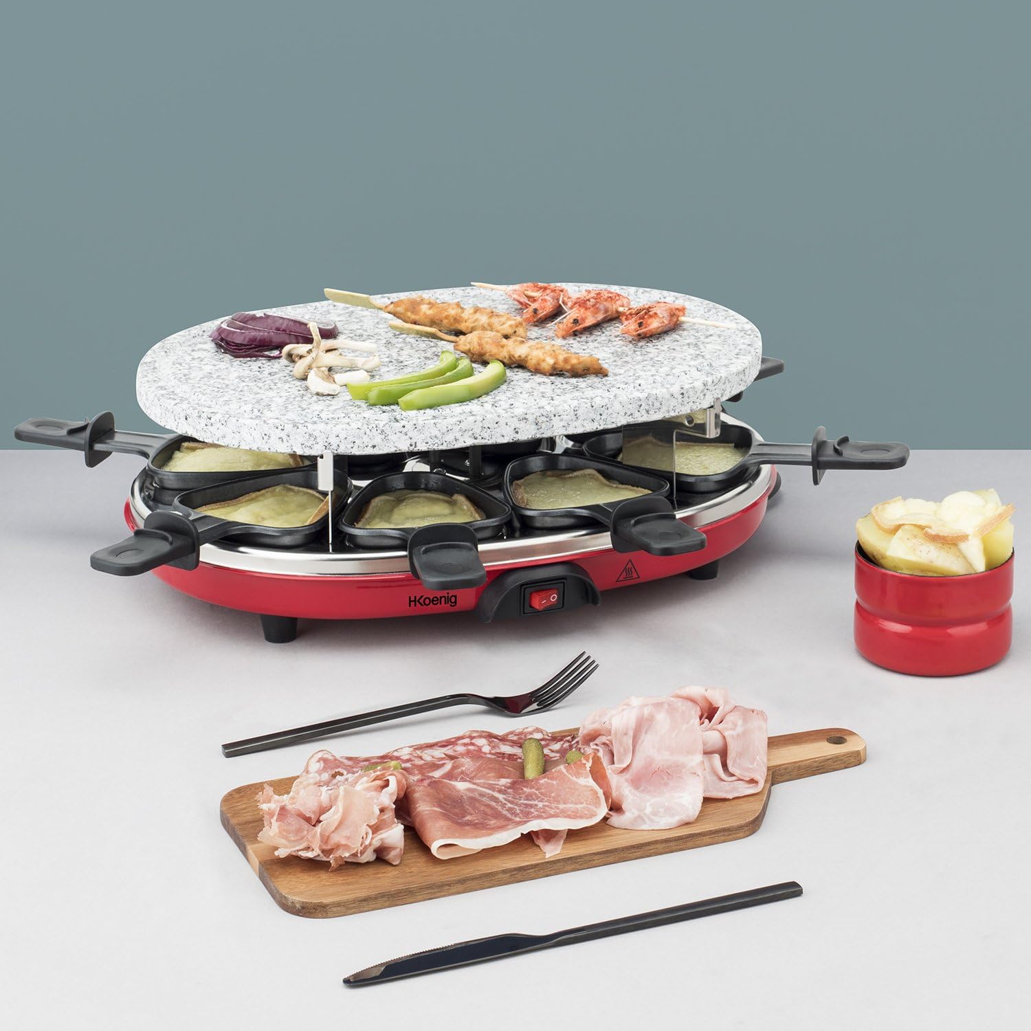 H.Koenig - Raclette multifonction 8p - pierre naturelle, 6 mini crêpes, grill, poêlons antiadhésifs - RP412