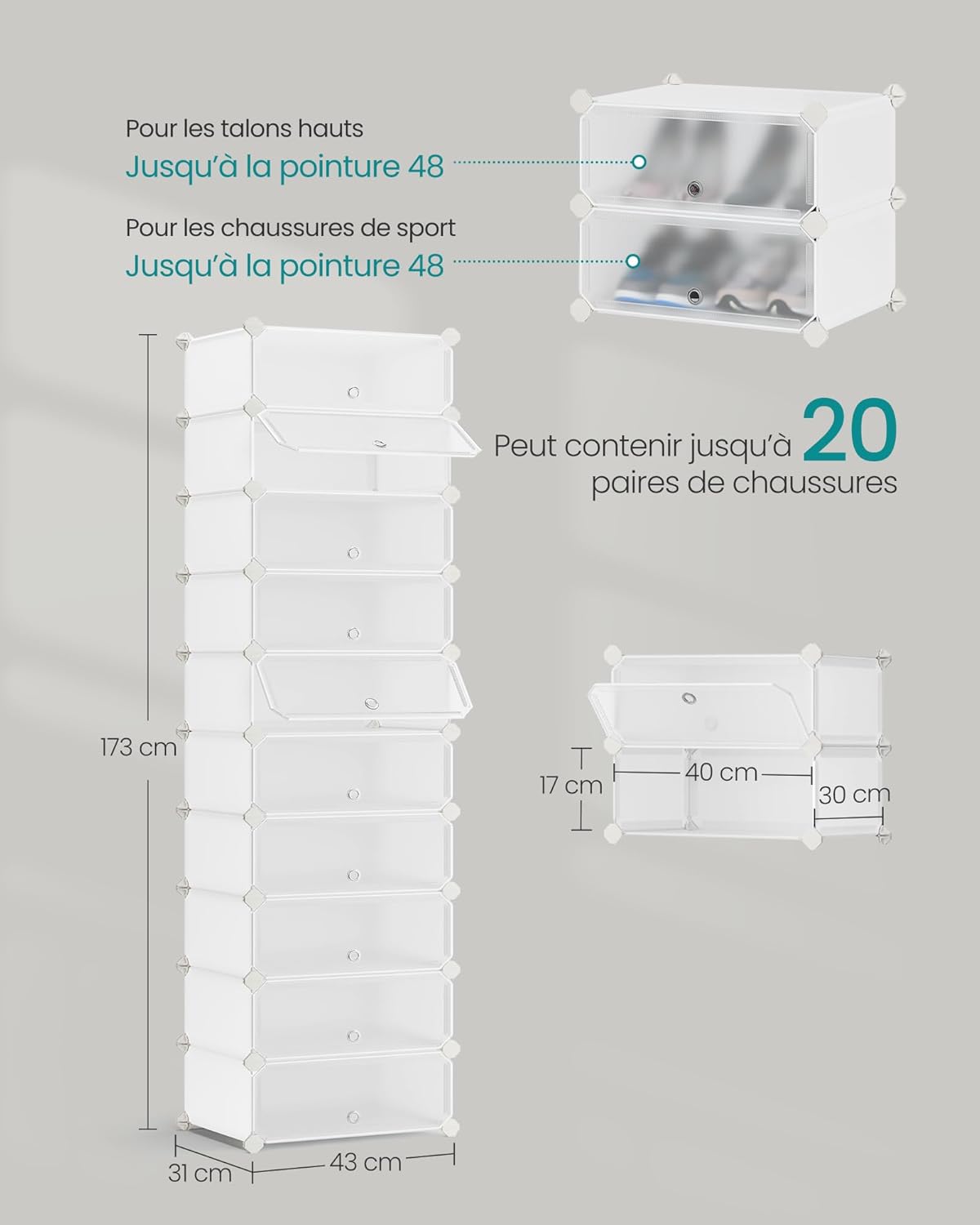 Songmics - étagère à chaussures 10 niveaux, plastique PP, enfichable, porte, DIY, blanc - LPC010WH01