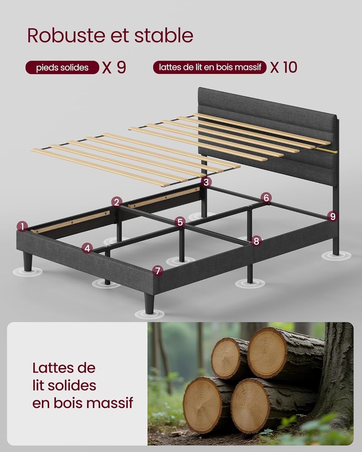 VASAGLE - lit double moderne - 140x200 cm - tête rembourrée réglable, métal et bois gris ardoise RMB504G01