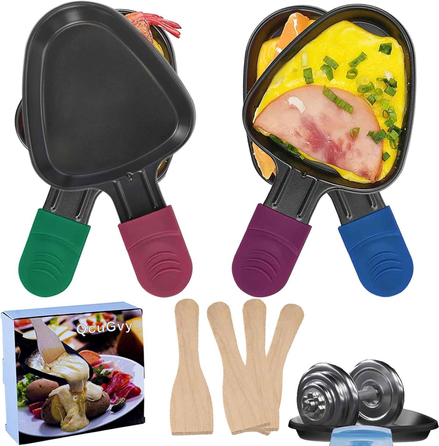 Poêlon à raclette - triangulaire 18x10cm - antiadhésif, 4 pelles bois