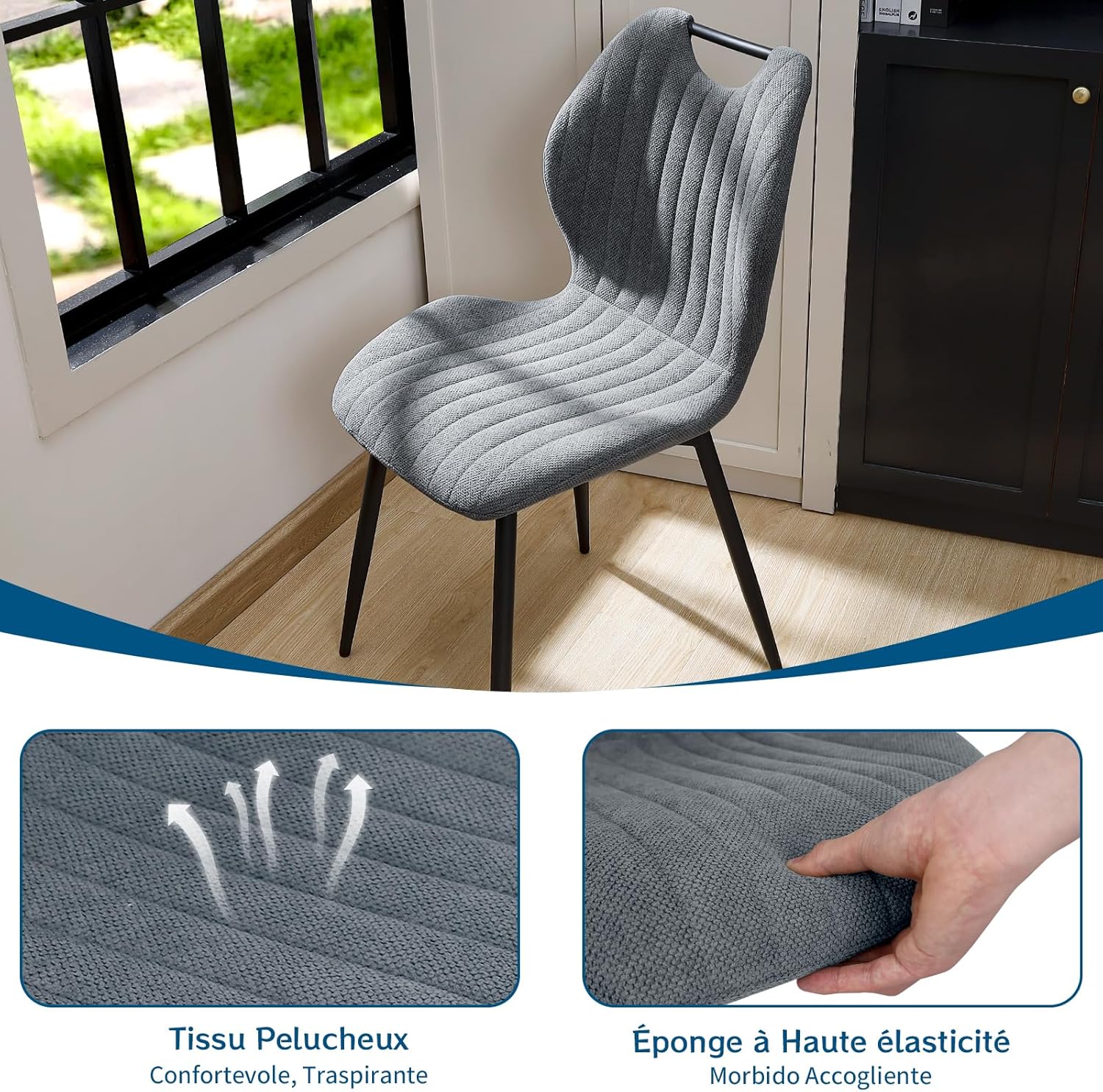 Chaises de salle à manger - ensemble 6 pcs - tissu gris, pieds métal, dossier confortable