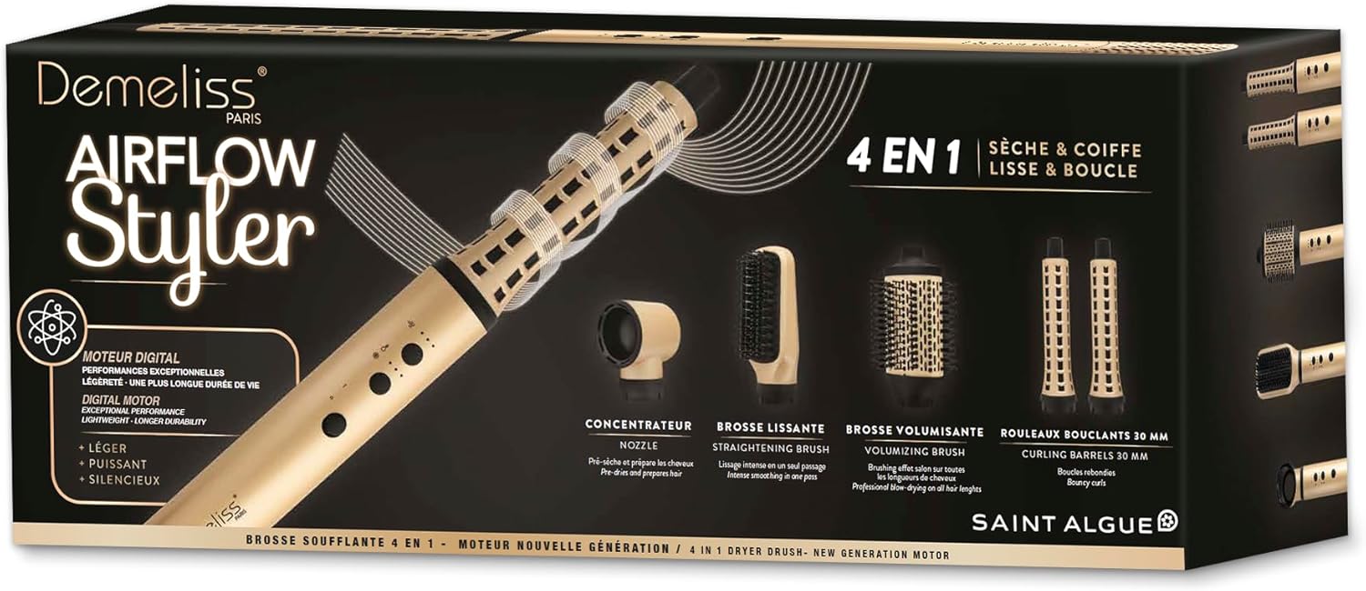 SAINT ALGUE - Demeliss Airflow Styler - Brosse 4en1, 3 températures, compacte, légère, tous cheveux