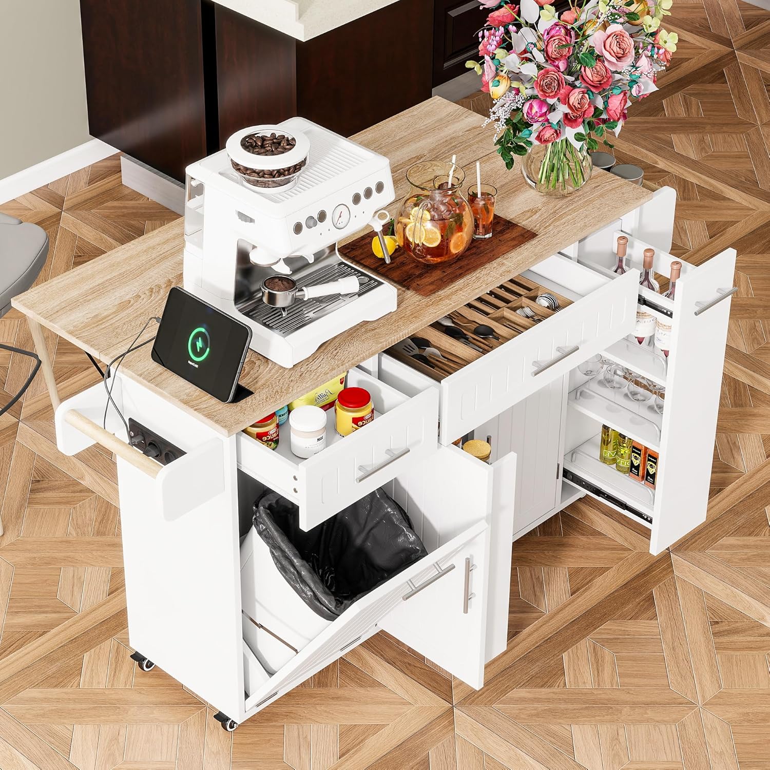 Desserte îlot cuisine - plan rabattable, USB, tiroirs, rangement, blanc