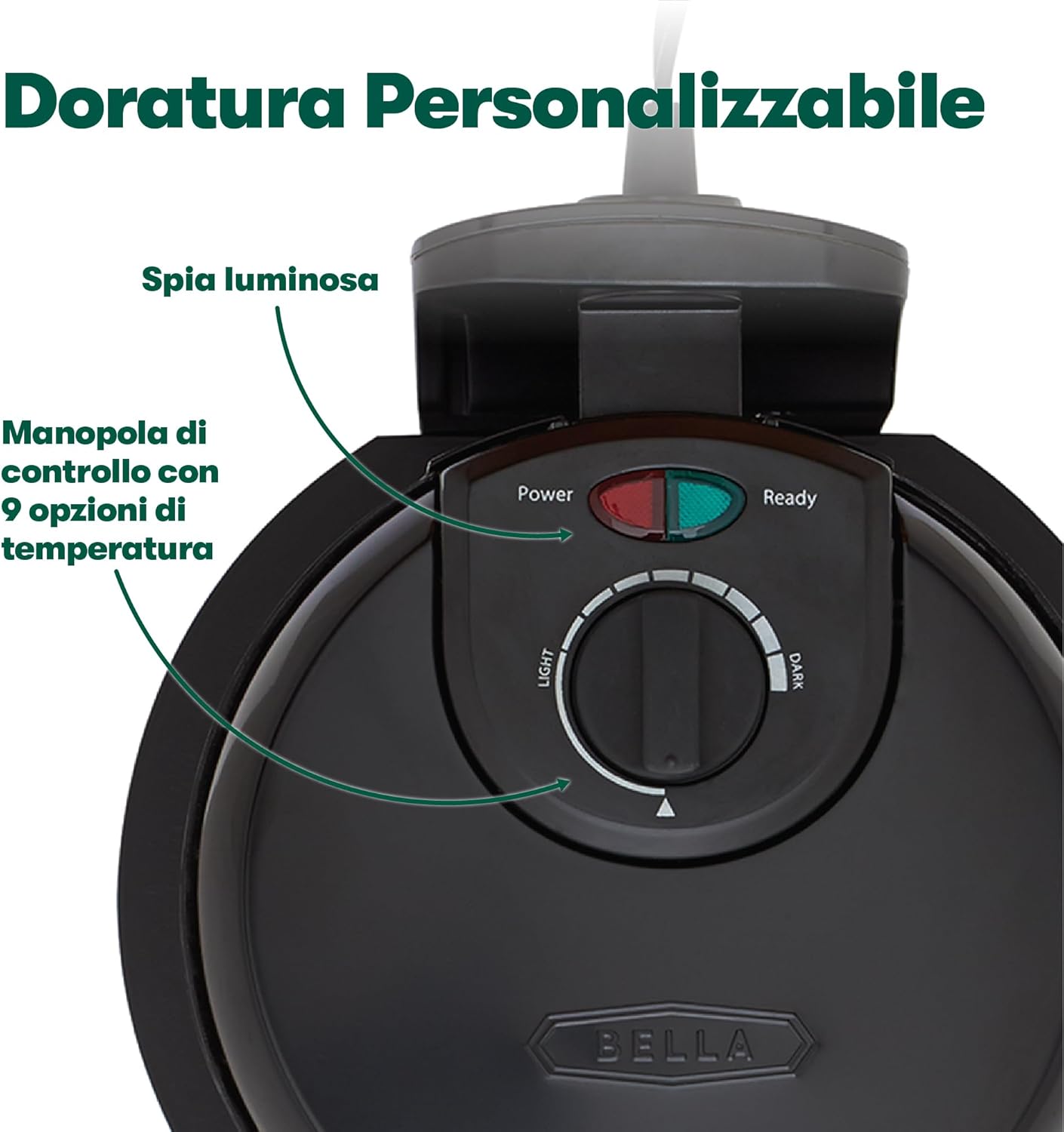 Bella – gaufrier rotatif classique, plaques antiadhésives, bac amovible, contrôle brunissement