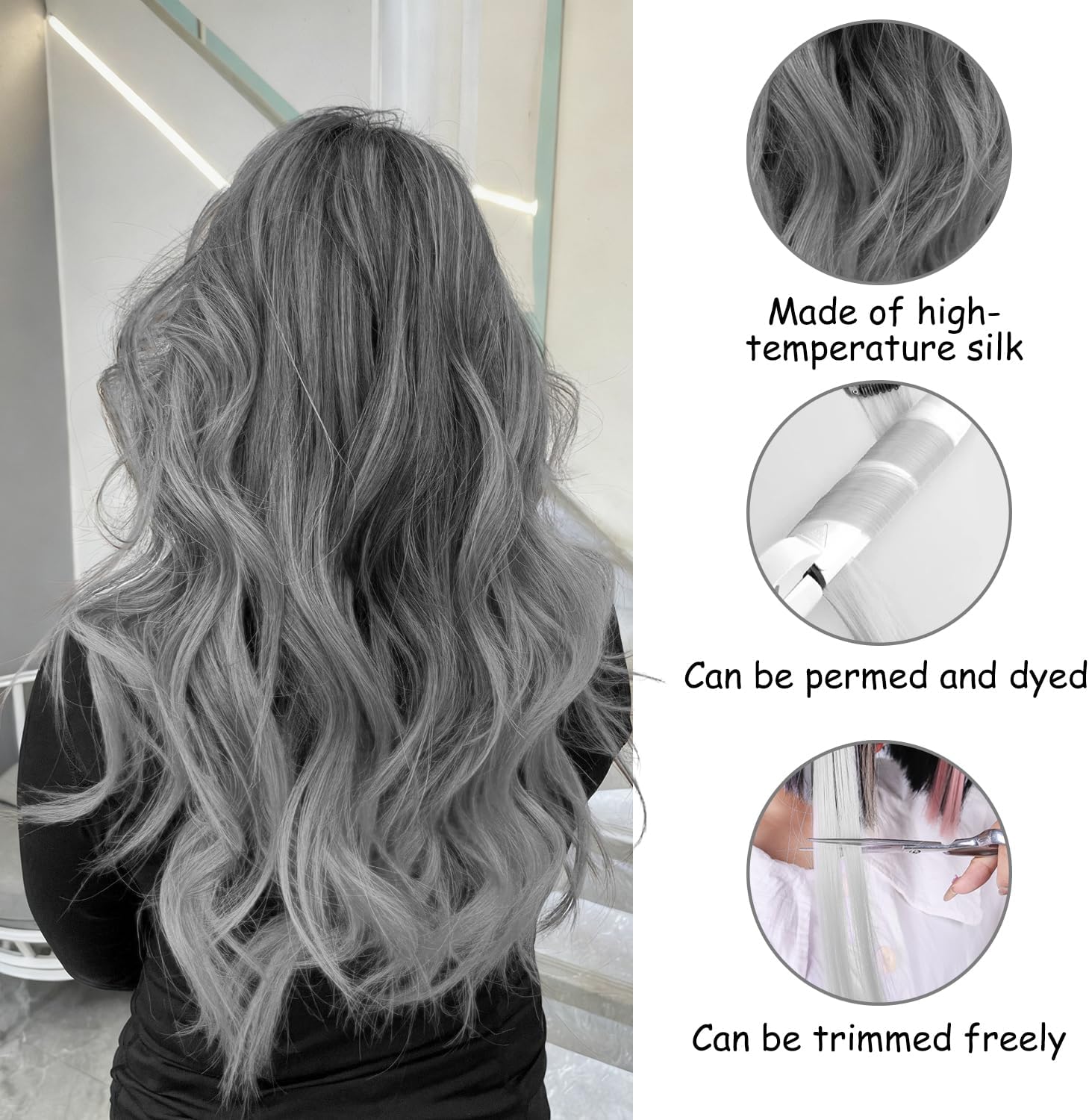 Extensions à clip cheveux - 22 pouces - 10 pièces, coloris gris, lisses