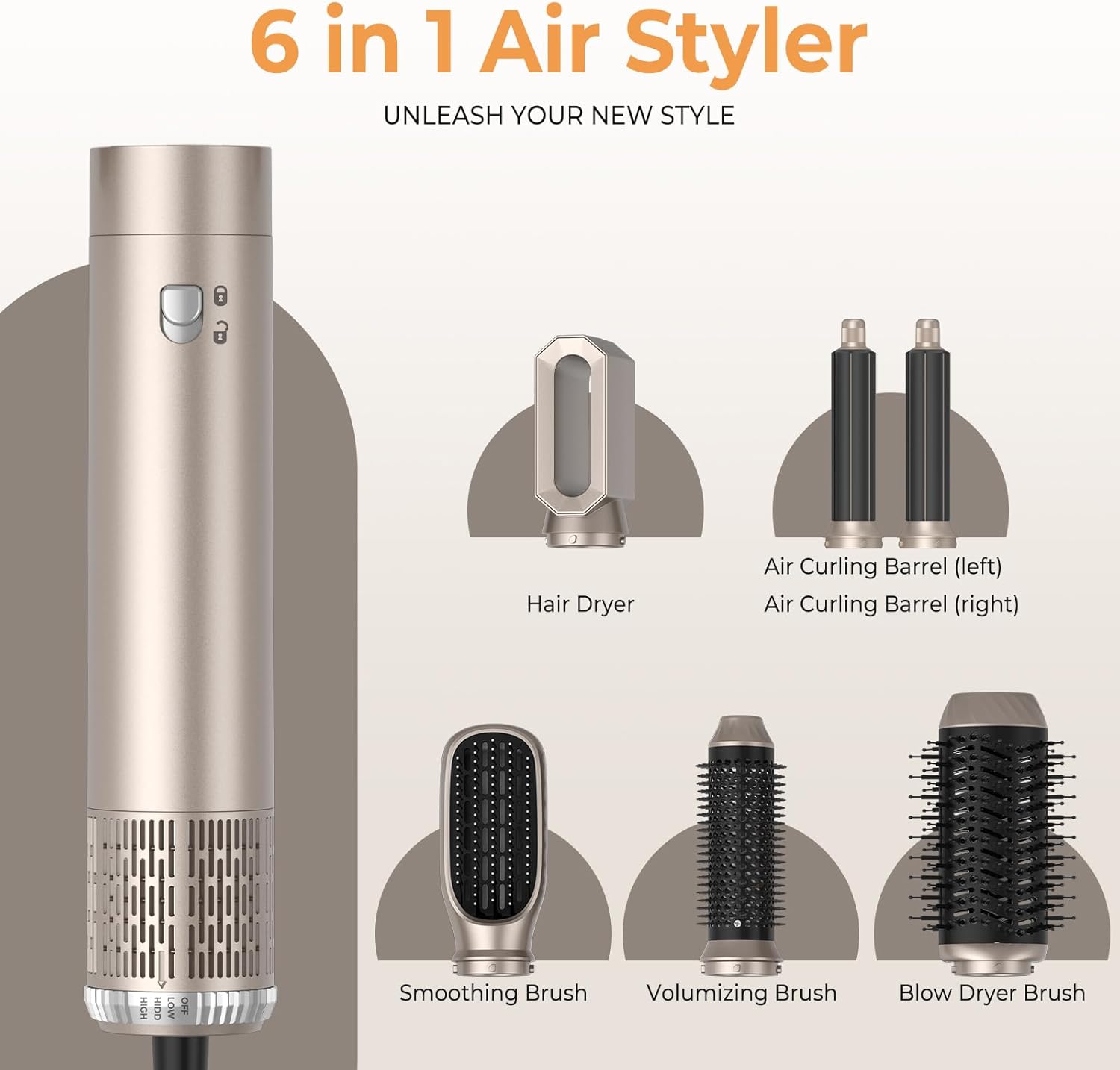 Air Styler - Airbrush 6 en 1 - 1000W - ionique, 6 accessoires, réglable