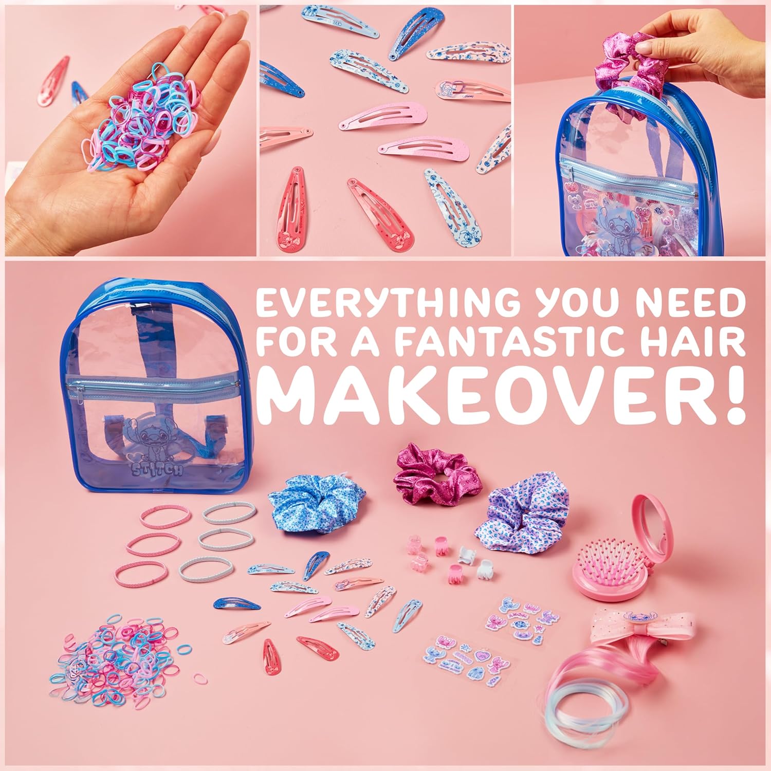 Get Trend - Coffret accessoires cheveux Stitch - sac à dos, barrettes, stickers, brosse pliante, chouchous