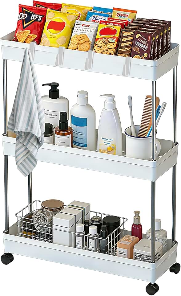 Chariot de rangement 3 niveaux - étagère mobile blanche - cuisine et salle de bain - roulettes robustes - 40x22x86cm