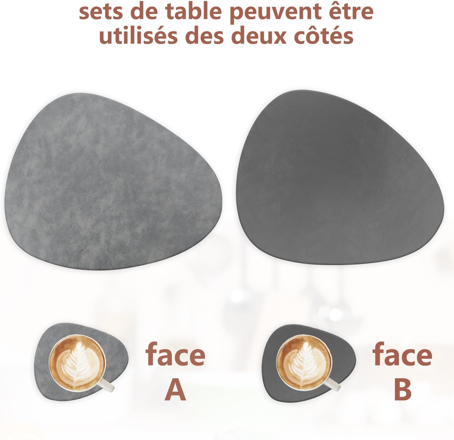 Set de Table - Lot 4 Cuir PU, double face, ovale 41x33cm, lavable