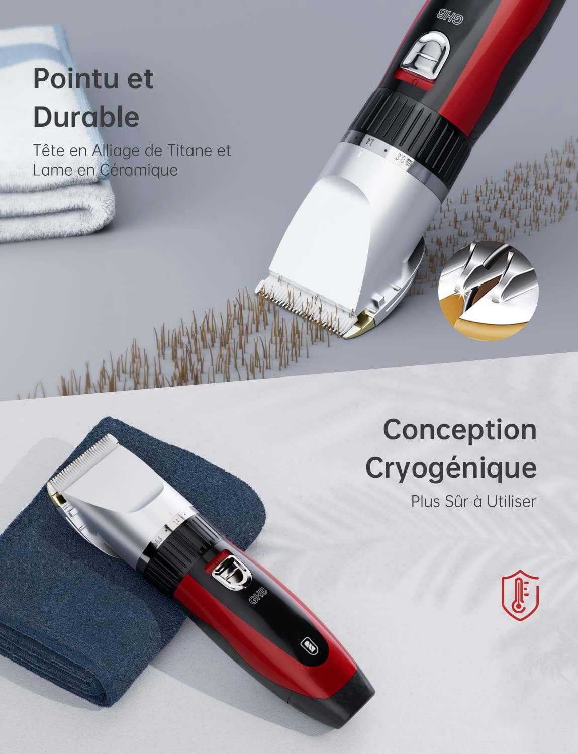 GHB - Tondeuse cheveux pro sans fil, 7 peignes, 2 batteries lithium