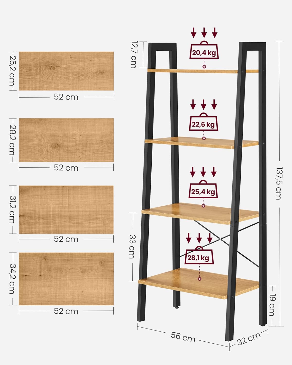 VASAGLE - étagère échelle 4 niveaux - acier, bois marron miel - 56x34x137cm - LLS044B05