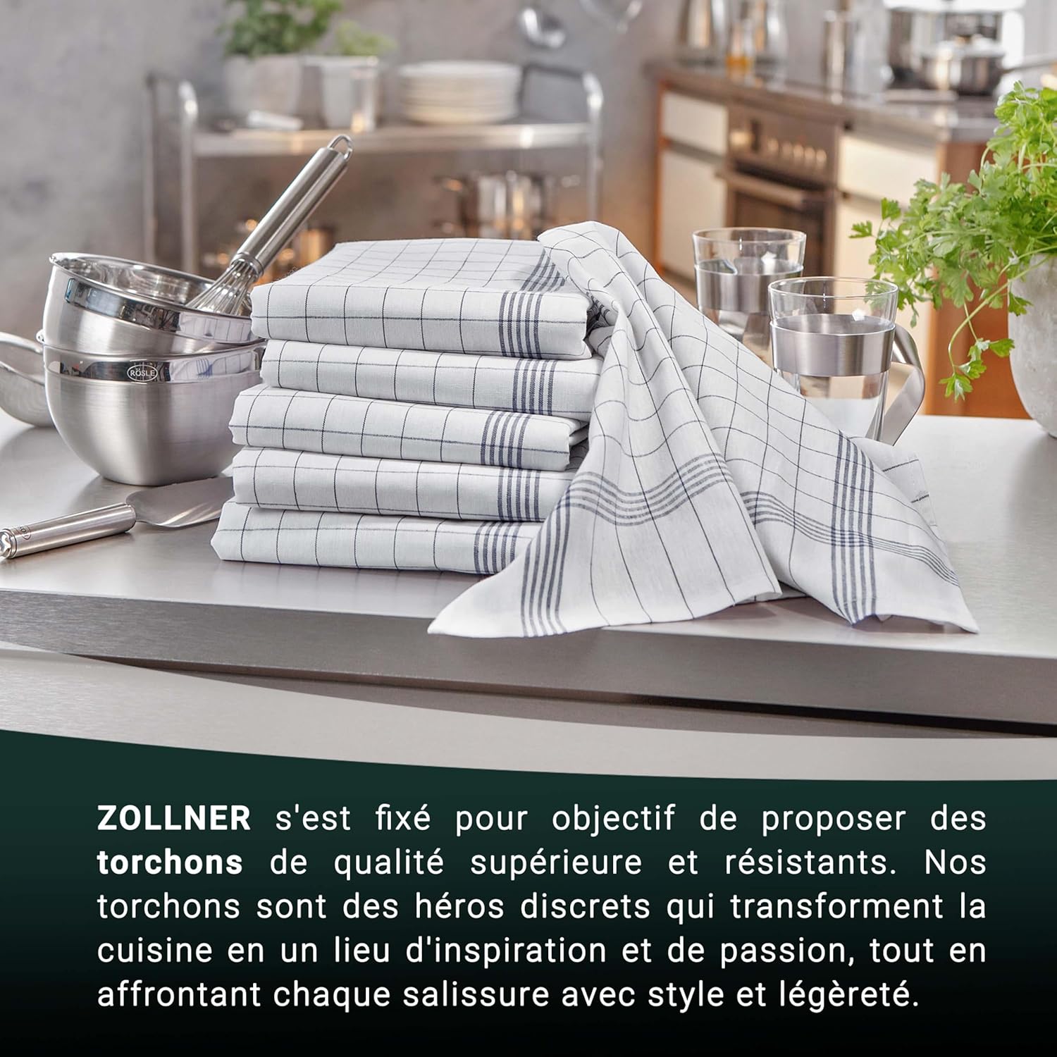 ZOLLNER - Set torchons cuisine - 50x70 cm - coton gris à carreaux