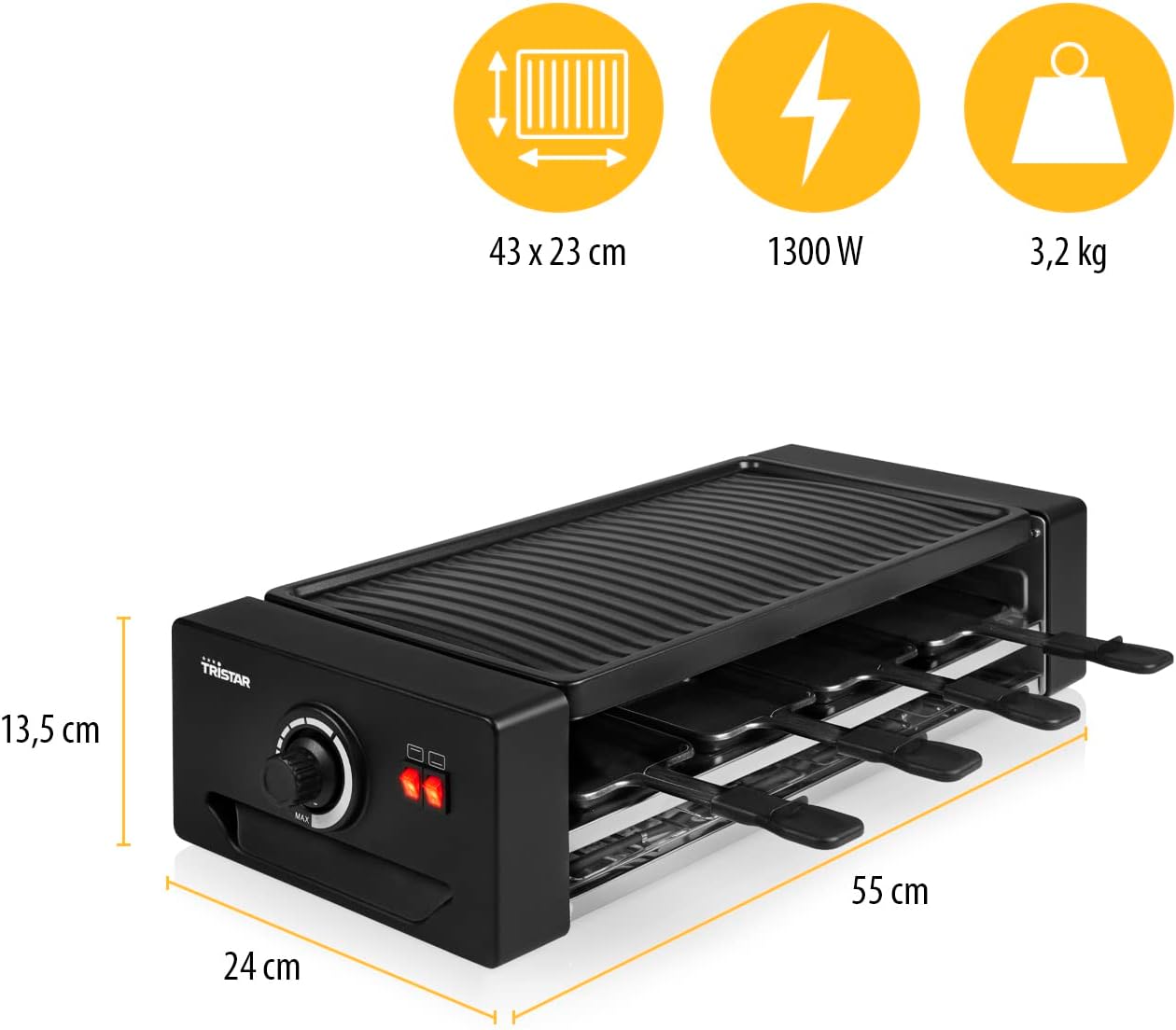 Tristar - appareil à raclette 8 personnes - multifonction - thermostat réglable - nettoyage facile - 1300 W - RA-2736