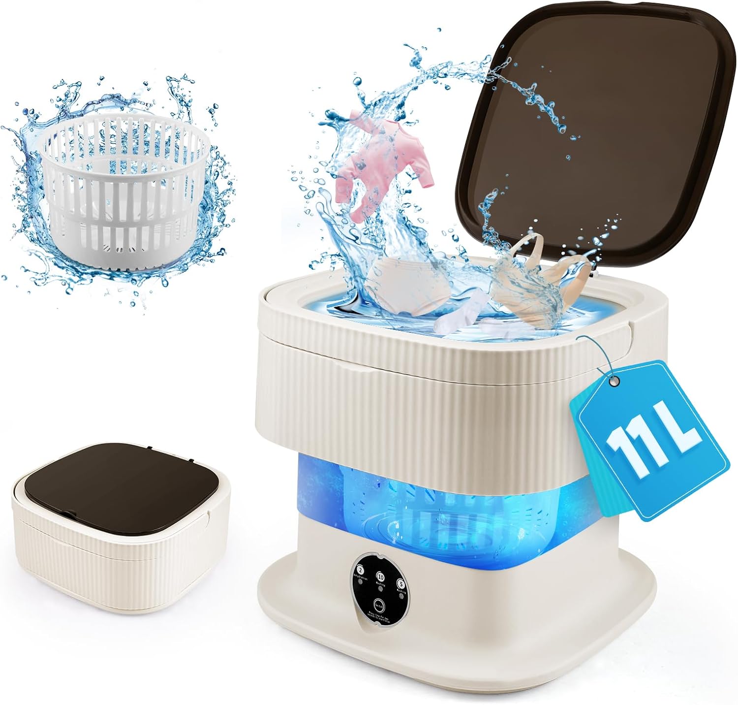 Mini machine à laver - 12L portable, panier séchage, compacte, kaki