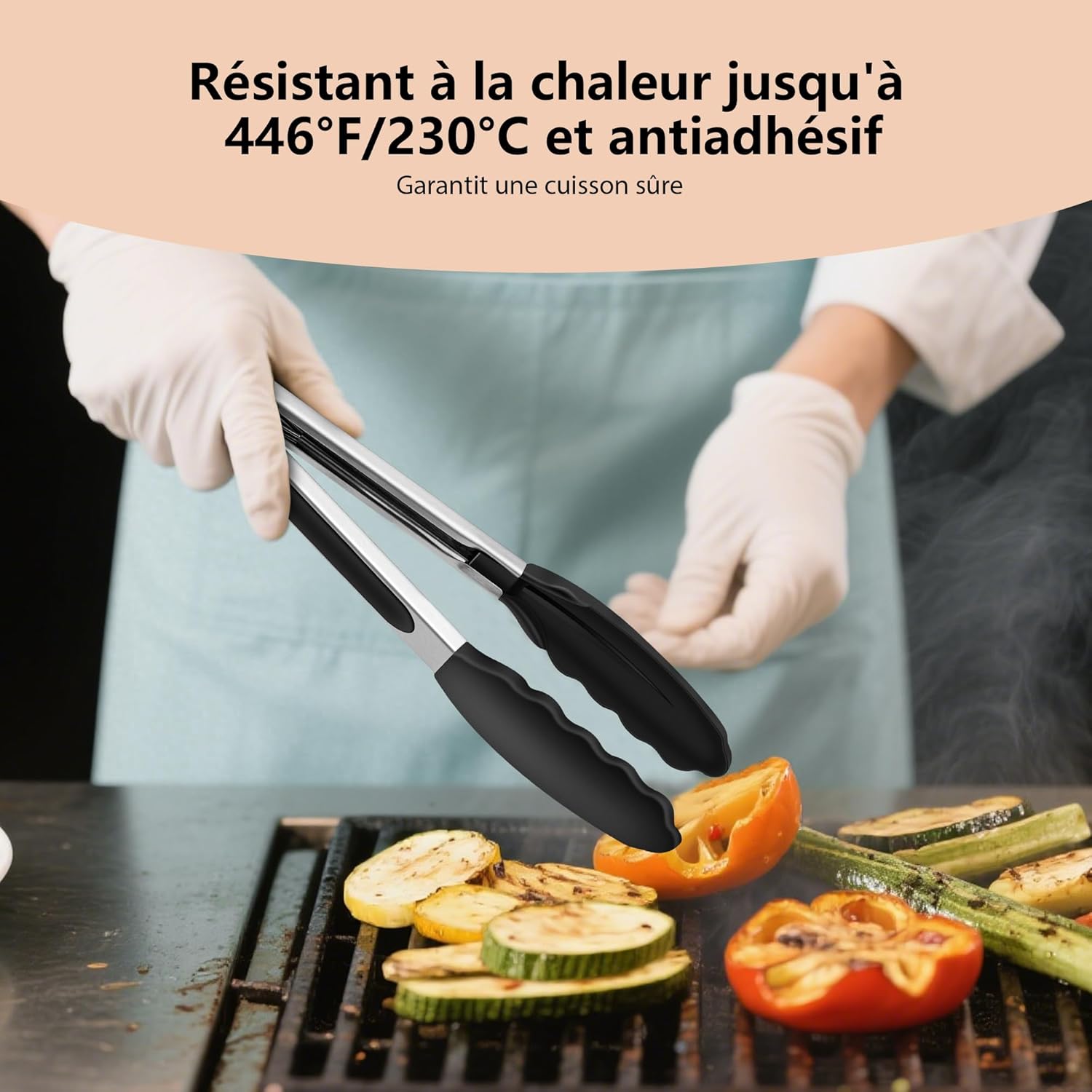 Pinces de cuisine inox/silicone, lot de 2, poignées antidérapantes, 26cm, résistant chaleur