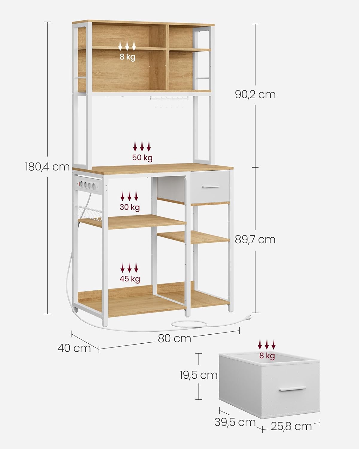 VASAGLE - étagère cuisine/bar café - 40x80x180 cm - multiprise, tiroir tissu, 12 crochets, étagères réglables KKS015Y02