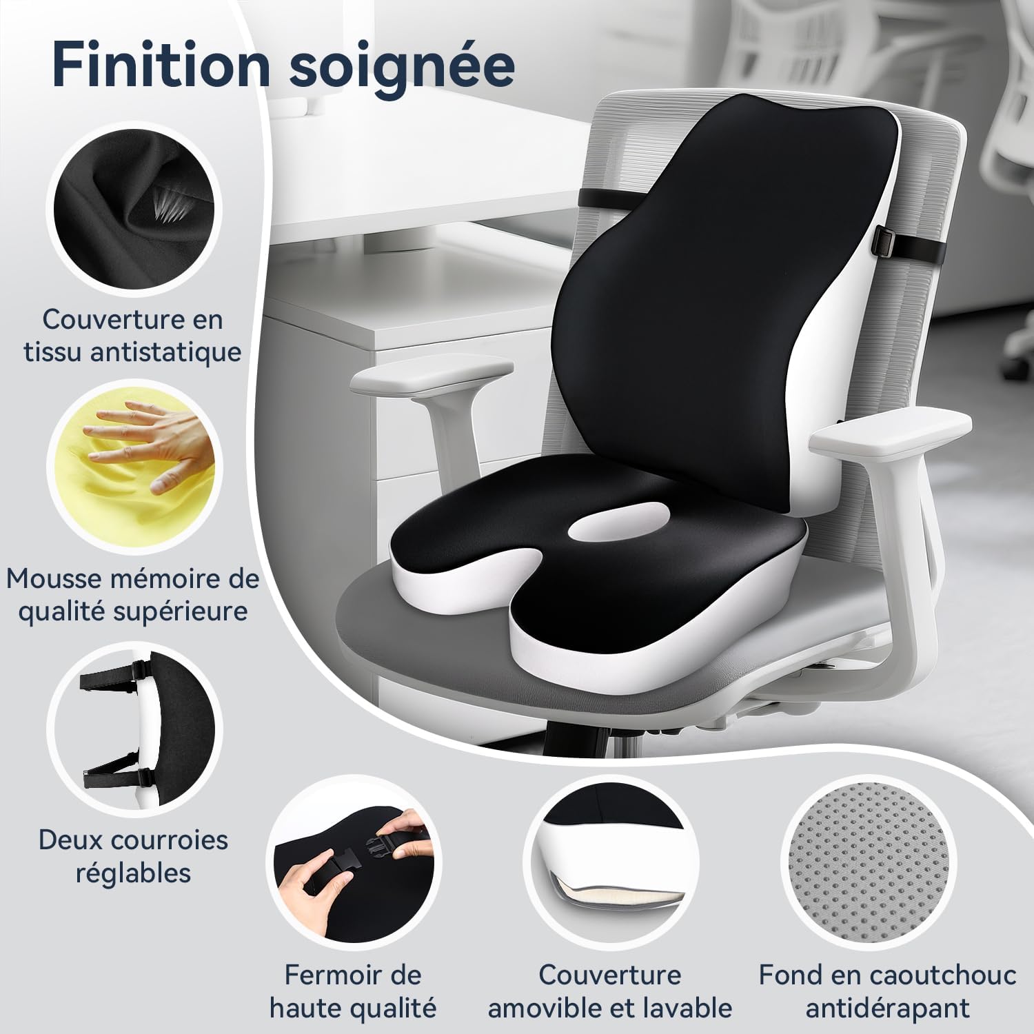 Travel Ease - Ensemble coussin mémoire ergonomique - soutien lombaire, assise confortable, noir