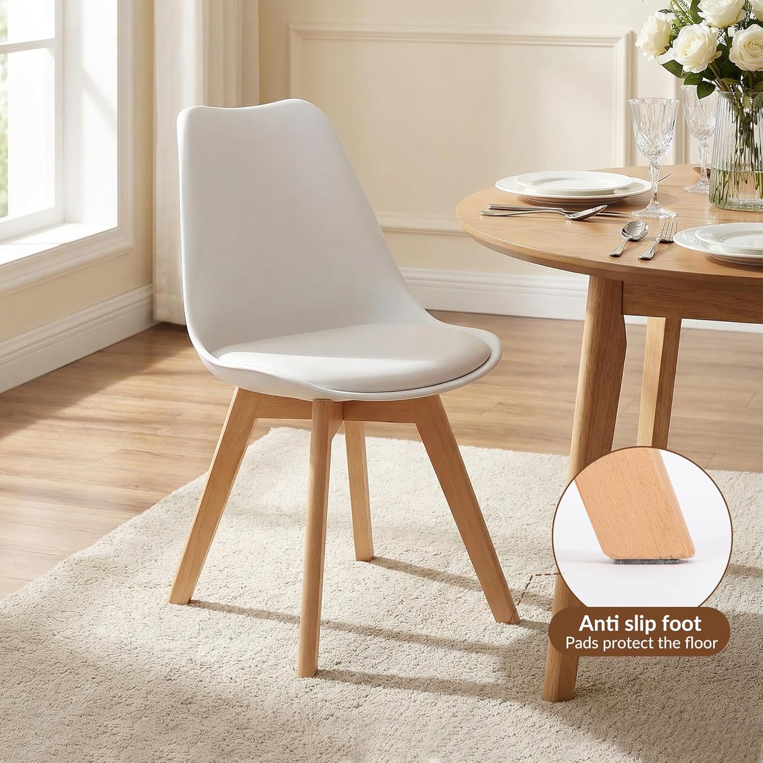 CangLong - ensemble 4 chaises rétro - bois hêtre - blanc, sièges capitonnés