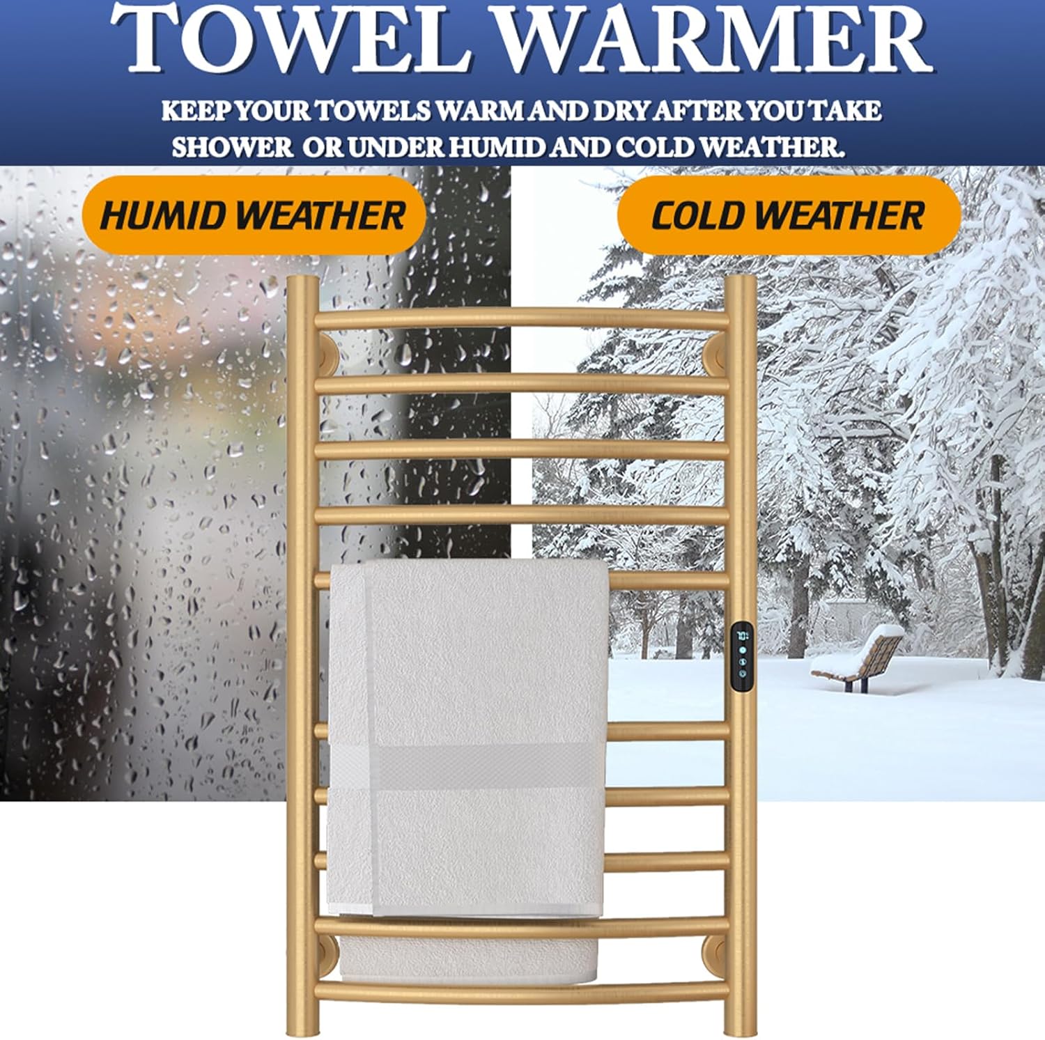 Sèche-serviette mural électrique, 10 barres, 135W, 450x720mm, WiFi, minuterie, or brossé