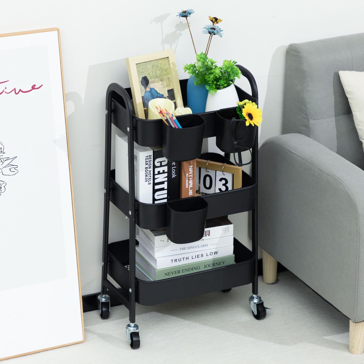 DOEWORKS - Chariot de rangement 3 niveaux, métal, roulettes, noir, avec tasses