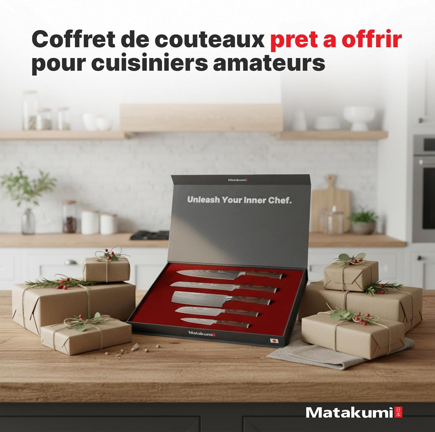 Matakumi - Set couteaux japonais damassé - 5 pièces - acier carbone, manche ergonomique